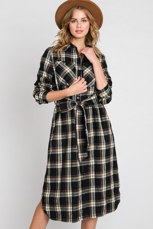 CHERISHED CHECK BELTED LONG SHIRT DRESS