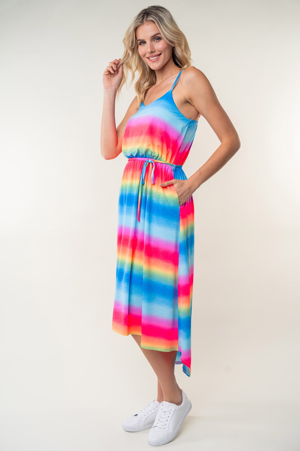 RAINBOW SHERBET STRIPED CAMI MIDI DRESS