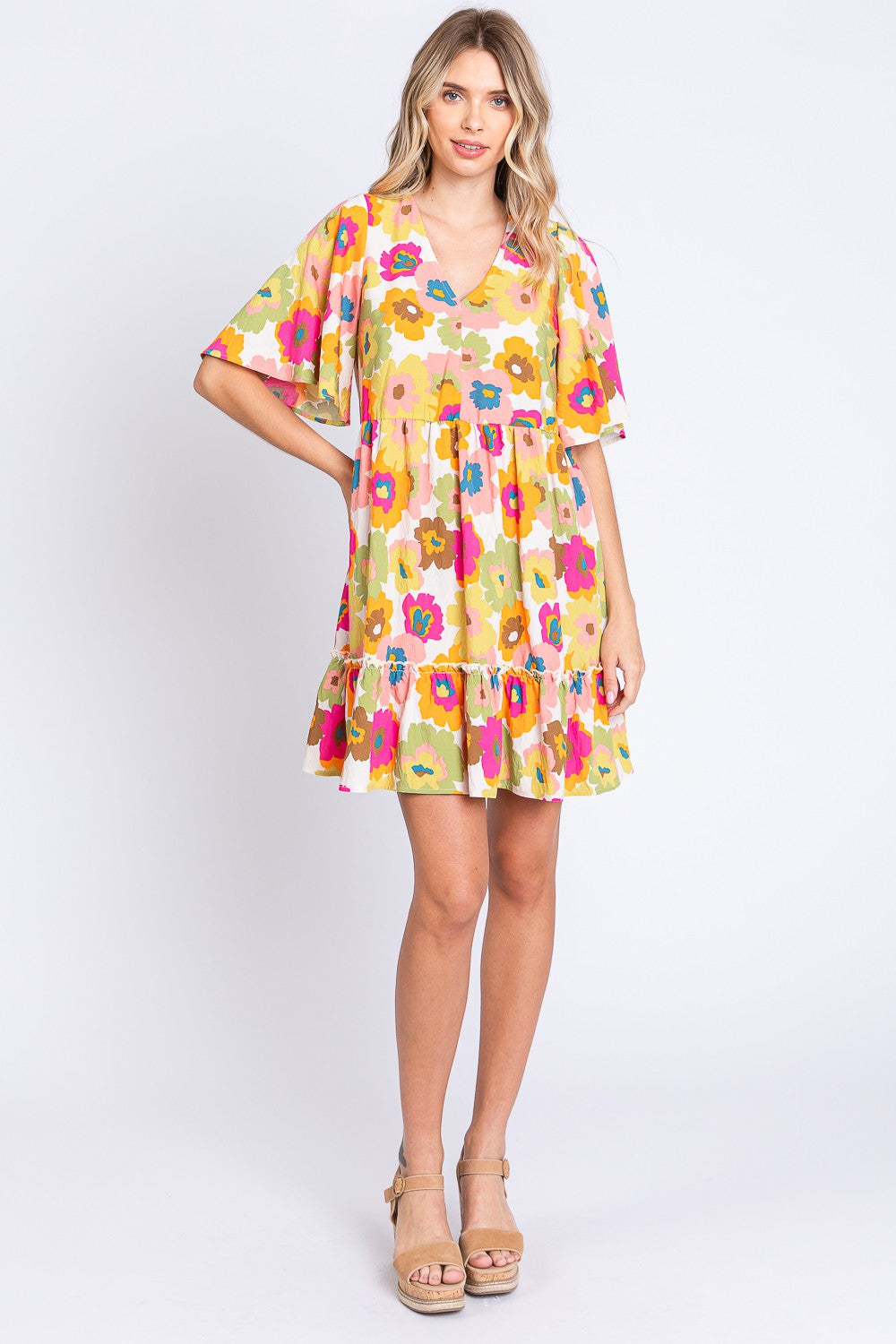 SPRING BLOOM V-NECK RUFFLE MINI DRESS