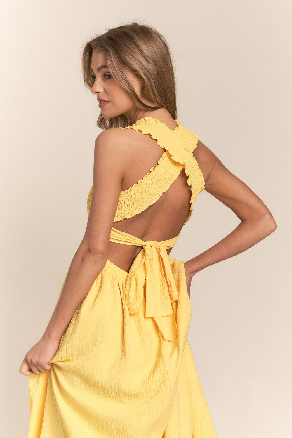 SUNSHINE SERENADE CRISSCROSS BACK TIE MAXI DRESS