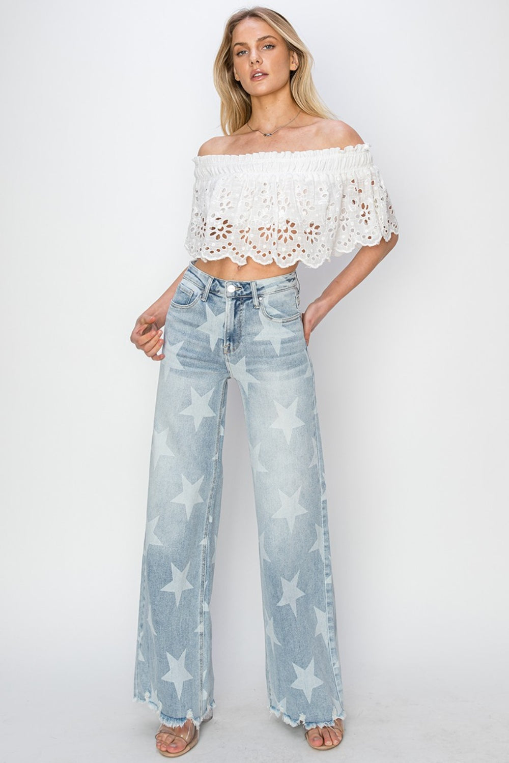 STAR-SPANGLED RAW HEM WIDE LEG JEANS