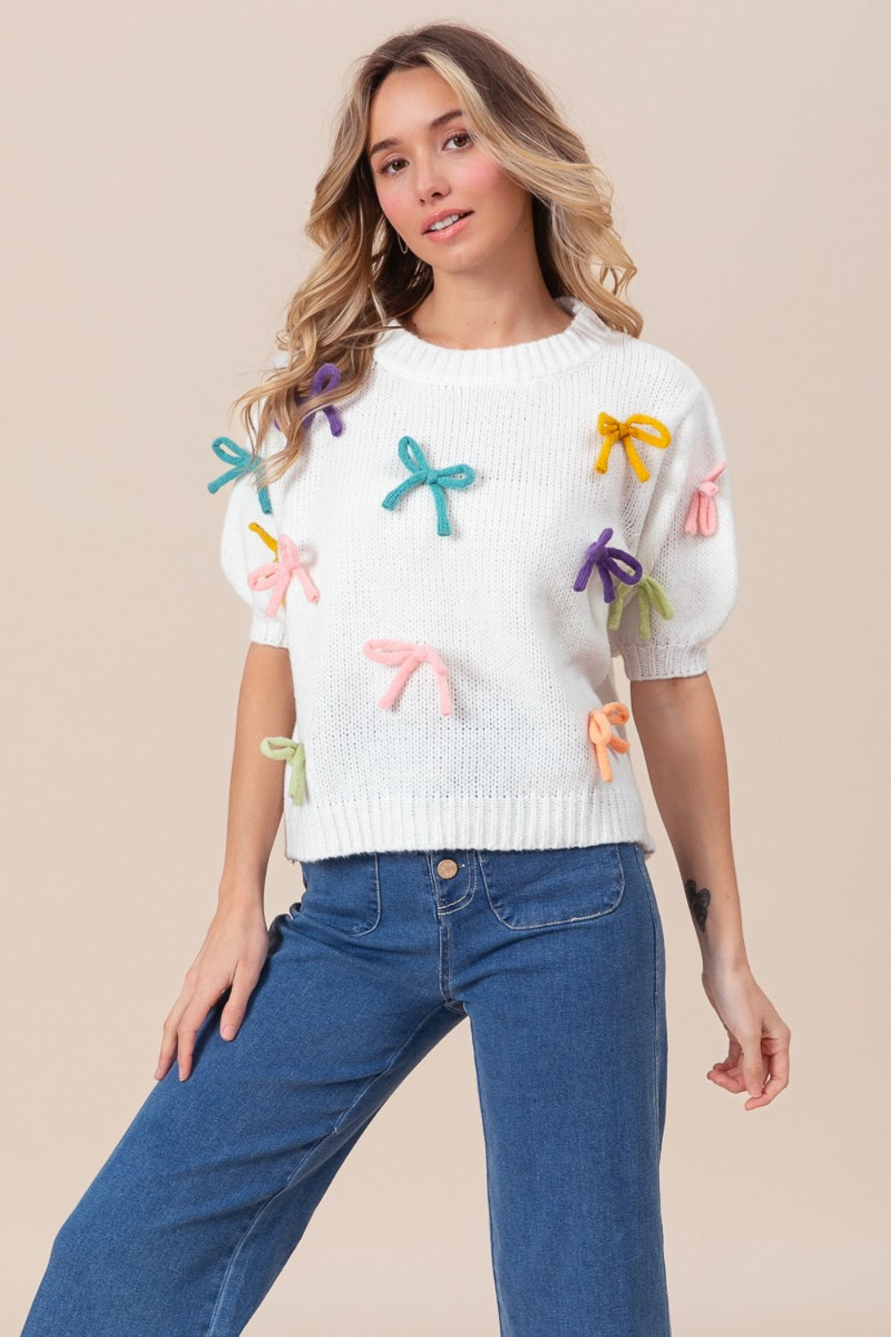 RIBBON TYPE OF GIRL PUFF SLEEVE SWEATER