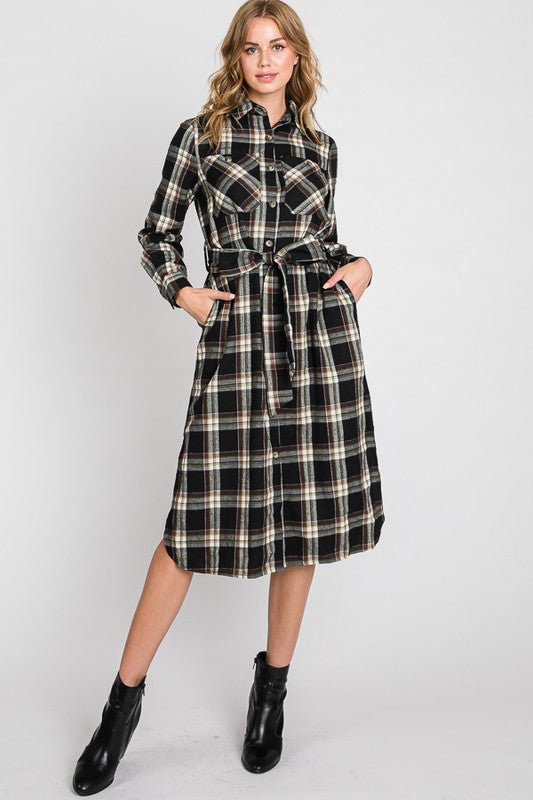 CHERISHED CHECK BELTED LONG SHIRT DRESS