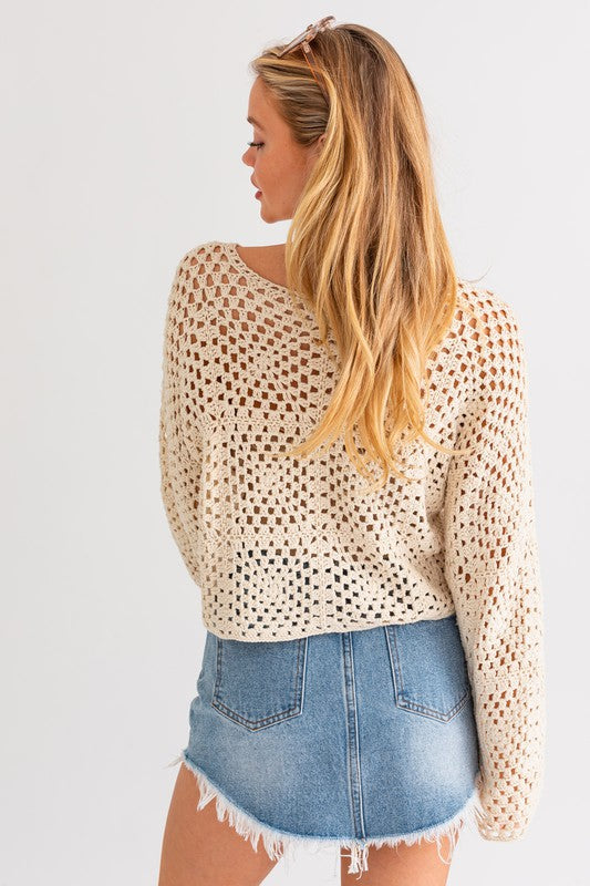 TALK TO YA LATER LONG SLEEVE CROCHET TOP