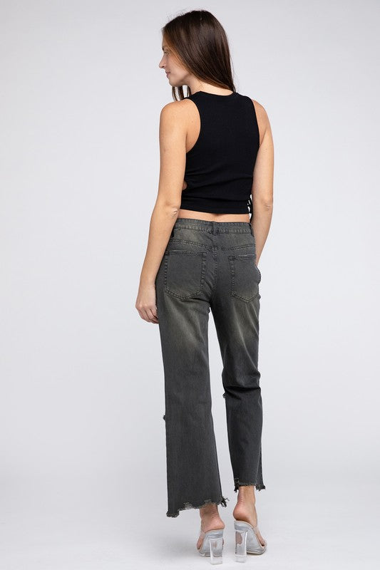 WELL-LOVED WIDE-LEG DISTRESSED PANTS