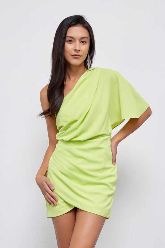 LOVE ME ONE SHOULDER WRAP MINI DRESS