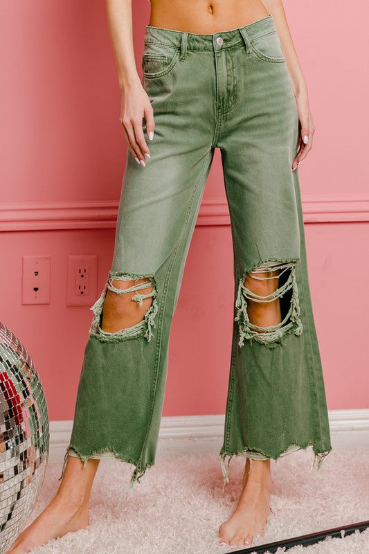 WELL-LOVED WIDE-LEG DISTRESSED PANTS