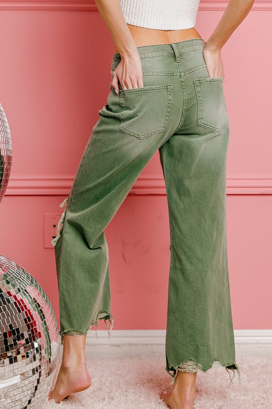 WELL-LOVED WIDE-LEG DISTRESSED PANTS