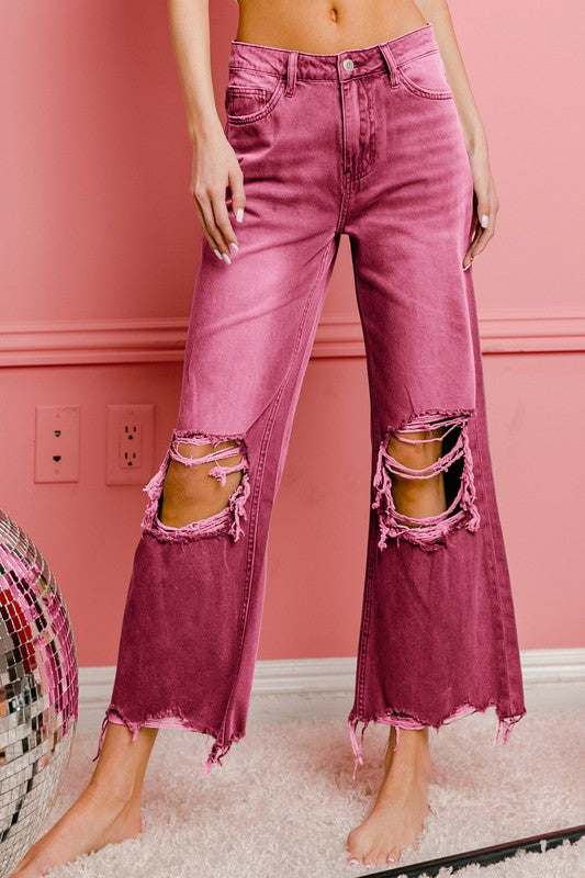 WELL-LOVED WIDE-LEG DISTRESSED PANTS