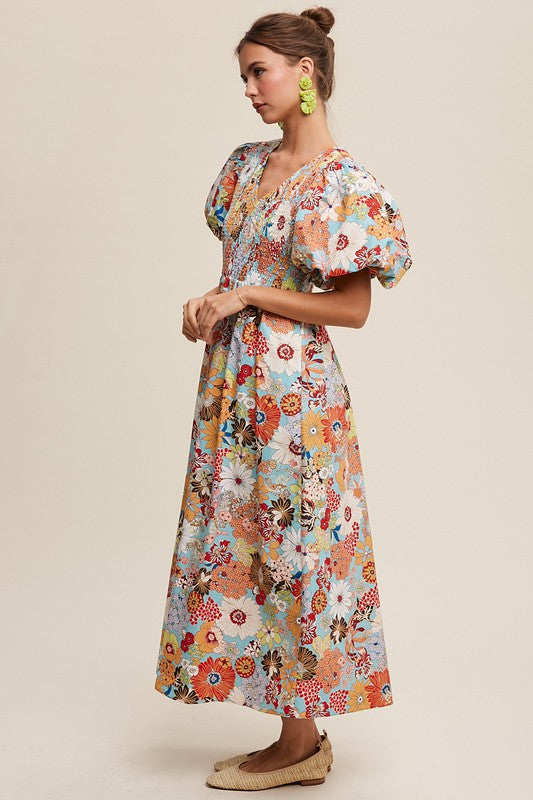 HARVEST HUES FLORAL MAXI DRESS WITH SMOCKING