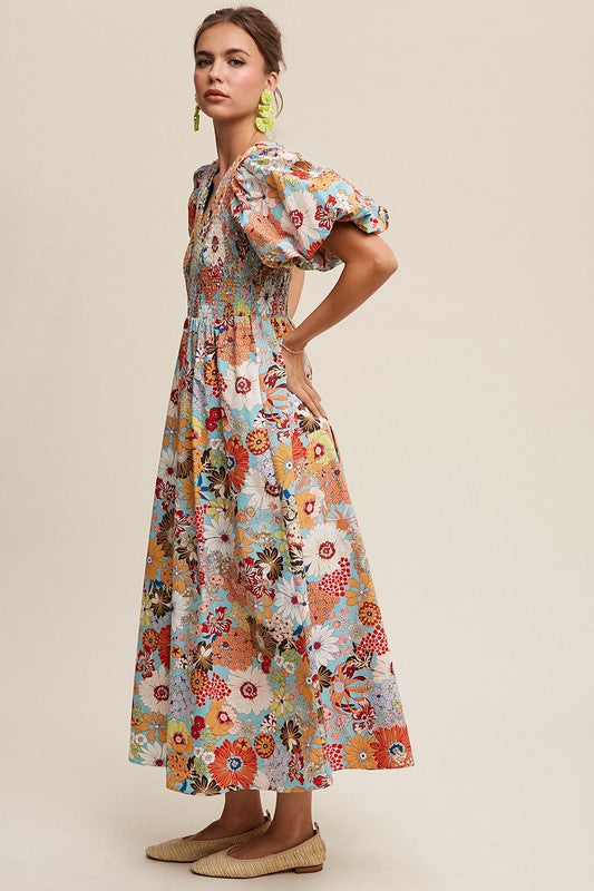 HARVEST HUES FLORAL MAXI DRESS WITH SMOCKING