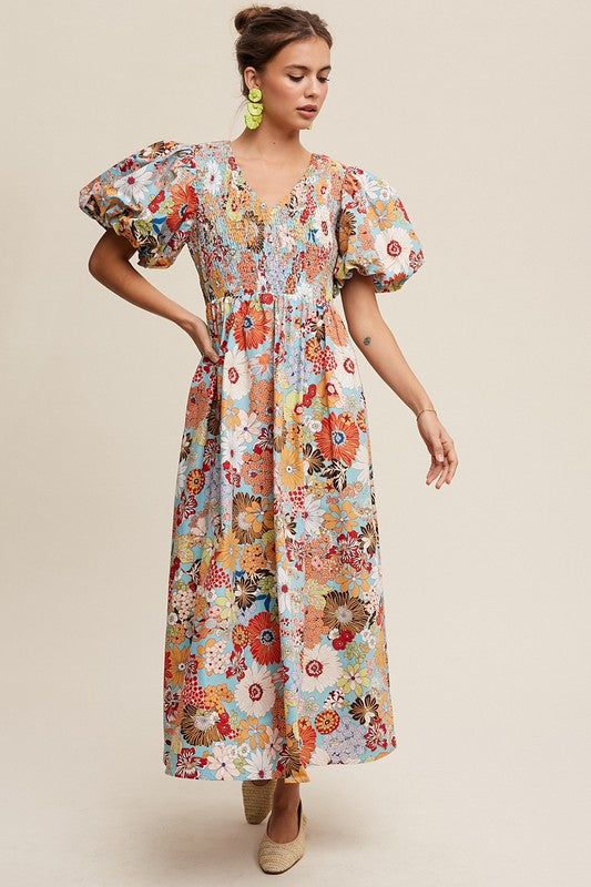 HARVEST HUES FLORAL MAXI DRESS WITH SMOCKING