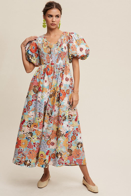 HARVEST HUES FLORAL MAXI DRESS WITH SMOCKING