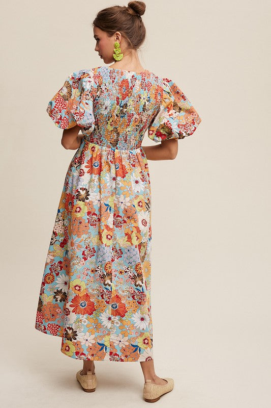 HARVEST HUES FLORAL MAXI DRESS WITH SMOCKING