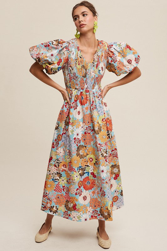 HARVEST HUES FLORAL MAXI DRESS WITH SMOCKING