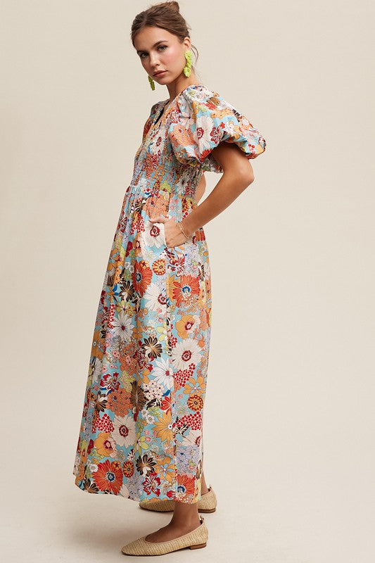 HARVEST HUES FLORAL MAXI DRESS WITH SMOCKING