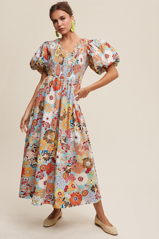 HARVEST HUES FLORAL MAXI DRESS WITH SMOCKING