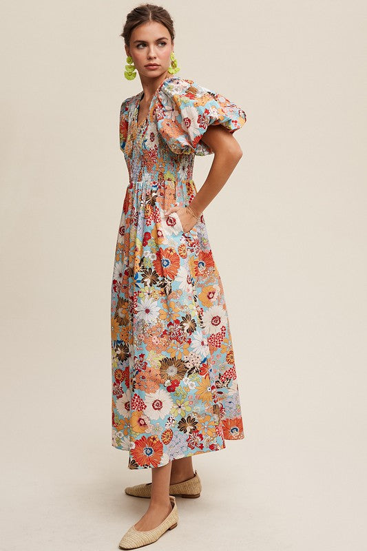 HARVEST HUES FLORAL MAXI DRESS WITH SMOCKING