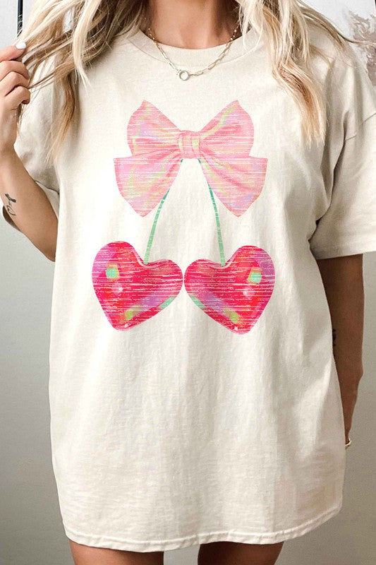 CHERRY RIBBON VALENTINES OVERSIZED GRAPHIC TEE - CURVY