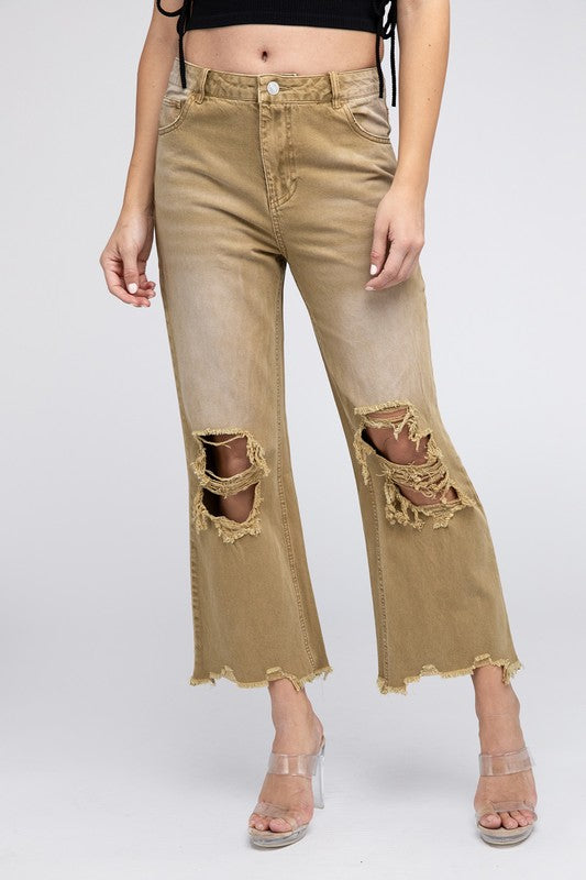 WELL-LOVED WIDE-LEG DISTRESSED PANTS