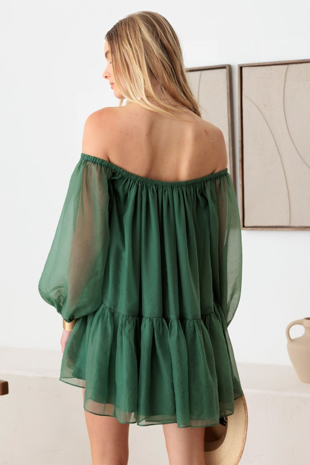 ENCHANTED TO MEET YOU OFF SHOULDER DRESS