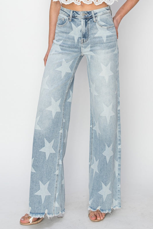 STAR-SPANGLED RAW HEM WIDE LEG JEANS