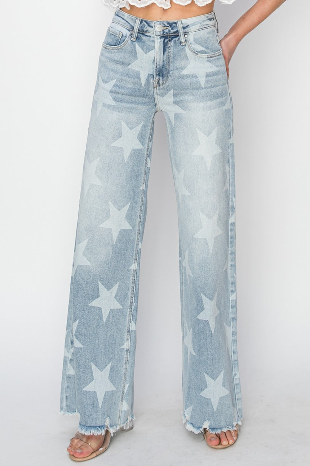 STAR-SPANGLED RAW HEM WIDE LEG JEANS