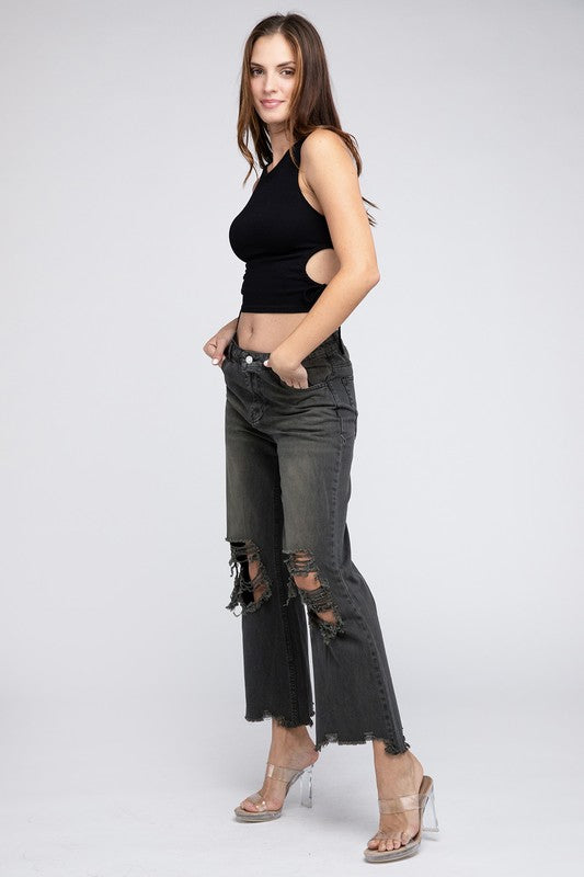 WELL-LOVED WIDE-LEG DISTRESSED PANTS