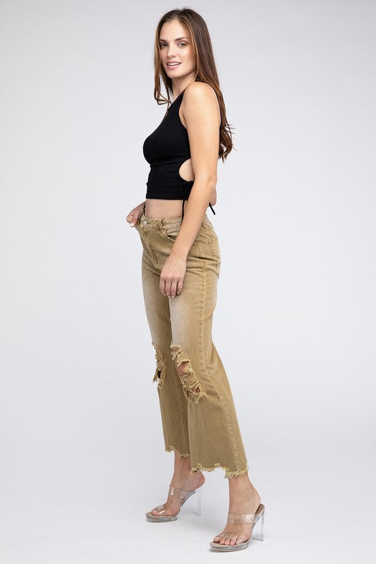 WELL-LOVED WIDE-LEG DISTRESSED PANTS