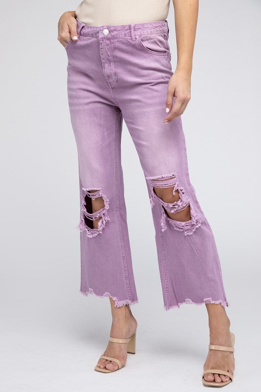 WELL-LOVED WIDE-LEG DISTRESSED PANTS