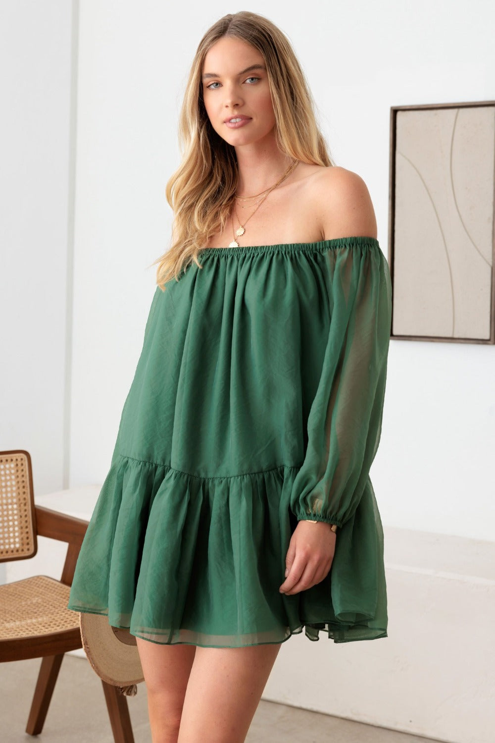 ENCHANTED TO MEET YOU OFF SHOULDER DRESS