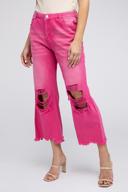 WELL-LOVED WIDE-LEG DISTRESSED PANTS