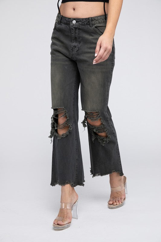 WELL-LOVED WIDE-LEG DISTRESSED PANTS