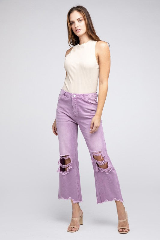 WELL-LOVED WIDE-LEG DISTRESSED PANTS