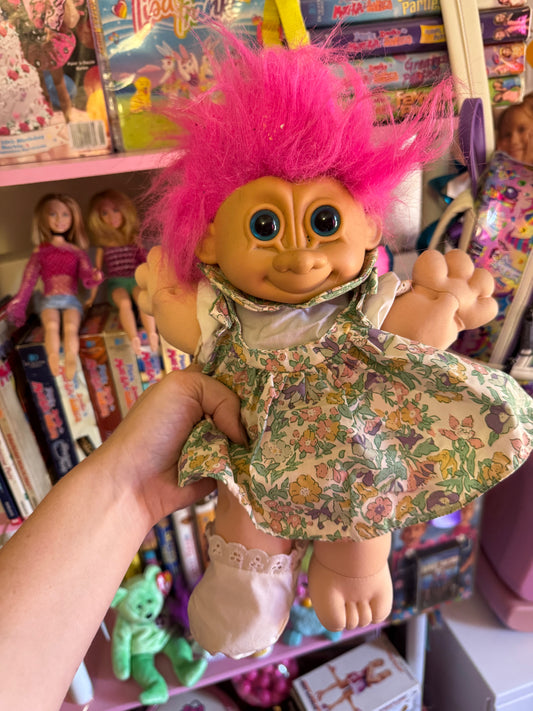 Vintage Russ Berrie 11" Troll Plush Soft Body Girl Doll Floral Dress Pink Hair