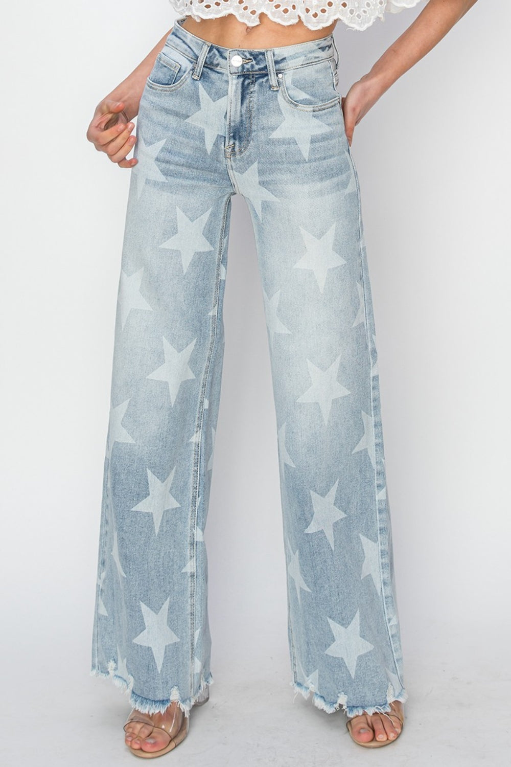 STAR-SPANGLED RAW HEM WIDE LEG JEANS