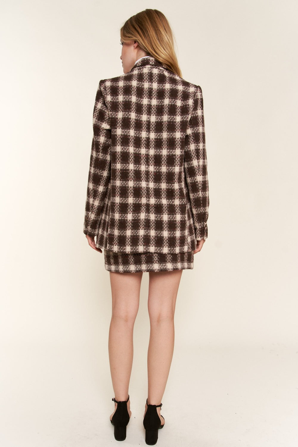 GET A CLUE PLAID BRUSHED ONE BUTTON BLAZER