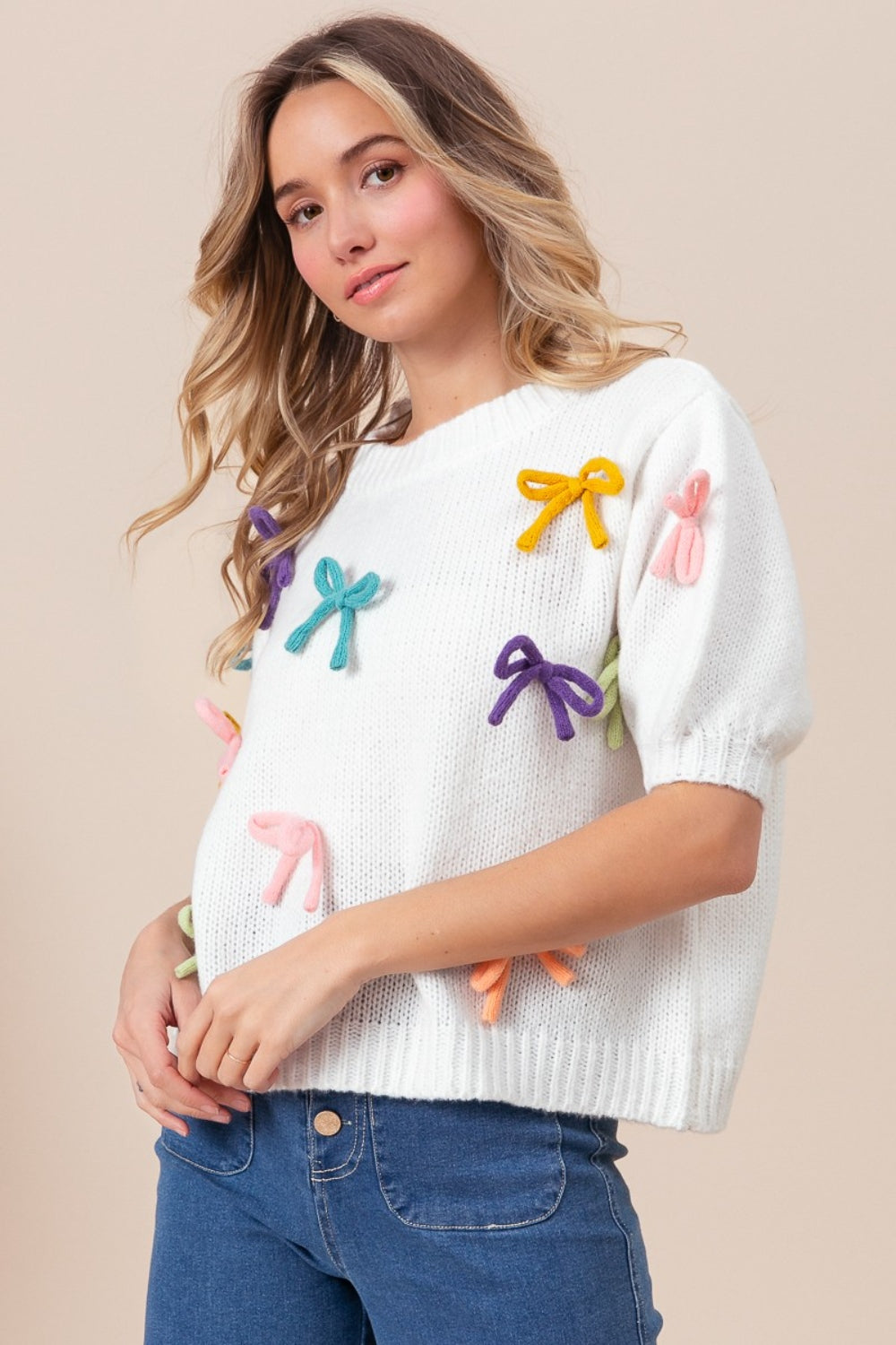 RIBBON TYPE OF GIRL PUFF SLEEVE SWEATER