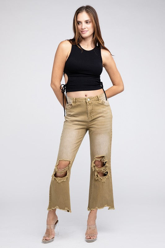 WELL-LOVED WIDE-LEG DISTRESSED PANTS