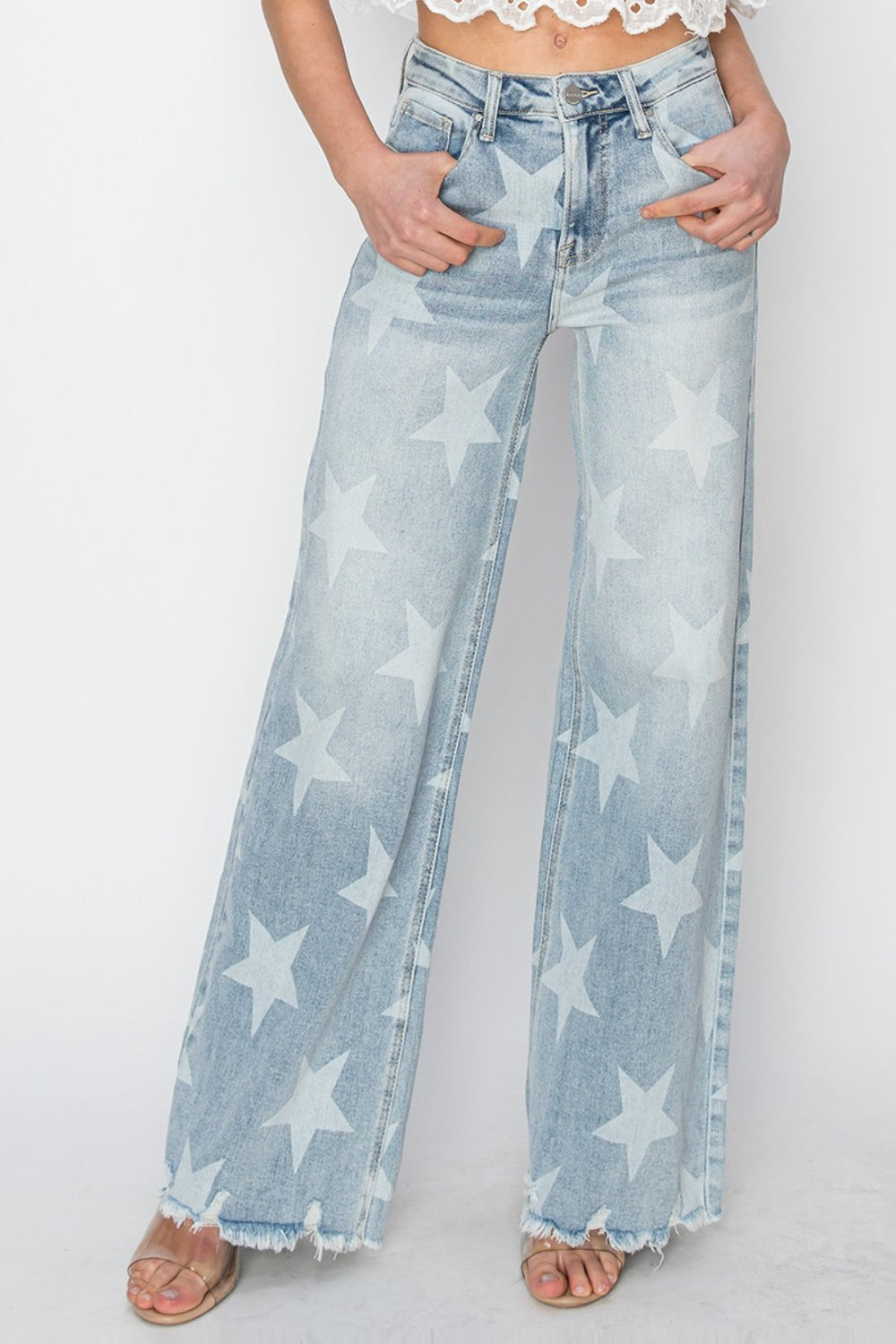 STAR-SPANGLED RAW HEM WIDE LEG JEANS