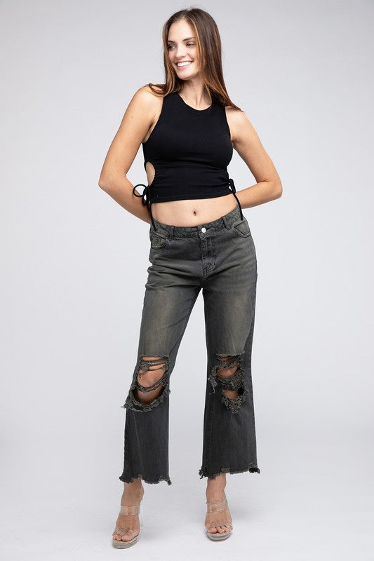 WELL-LOVED WIDE-LEG DISTRESSED PANTS