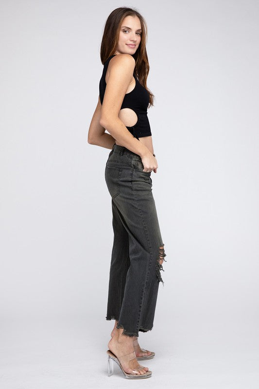 WELL-LOVED WIDE-LEG DISTRESSED PANTS