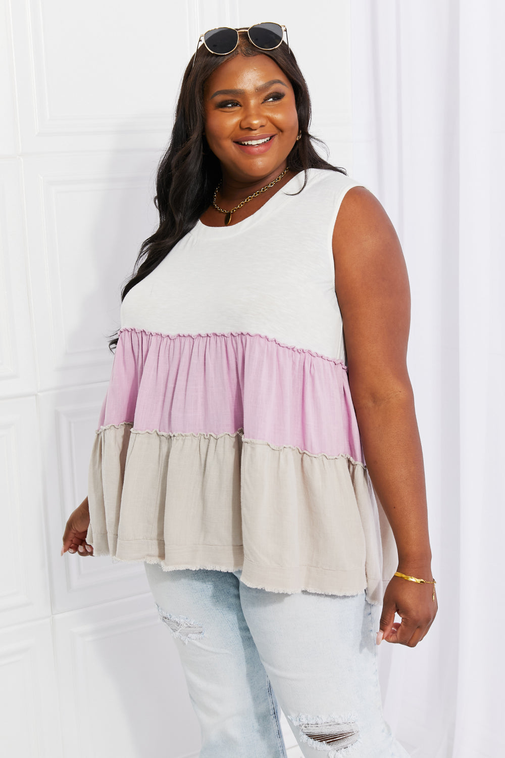 SUNSET MOMENTS COLOR BLOCK BABYDOLL TOP