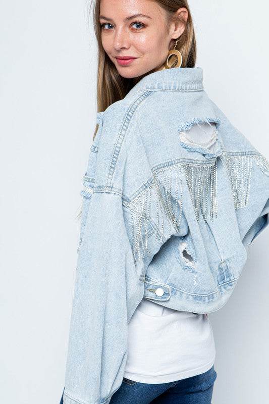 COUNTRY BLING FRINGE DISTRESSED DENIM JACKET