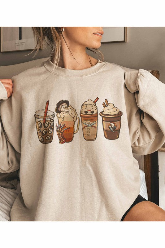 HORROR FALL COFFEE GRAPHIC SWEATSHIRT - CURVY