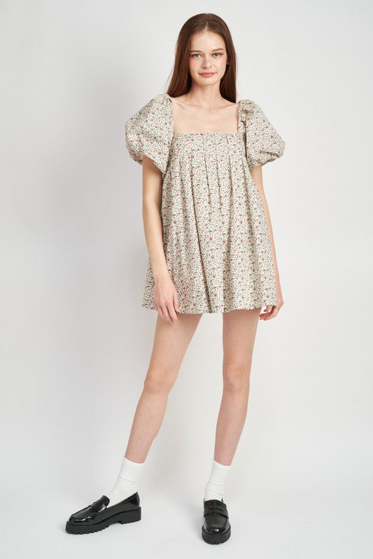 LOOK MY WAY DITSY FLORAL BUBBLE SLEEVE MINI DRESS