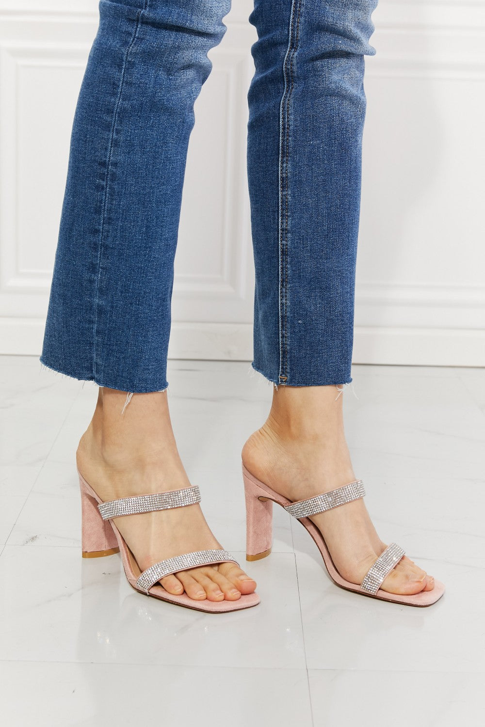 SEEING SPARKS RHINESTONE BLOCK HEEL SANDAL