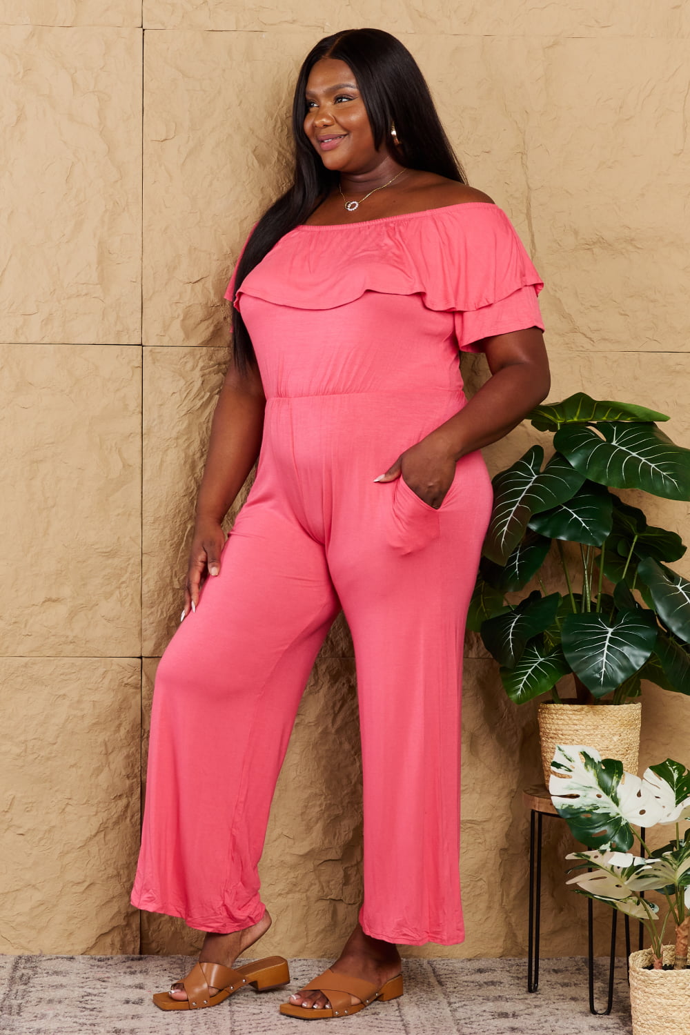 JUST LIKE HONEY OFF-SHOULDER JUMPSUIT WITH POCKETS