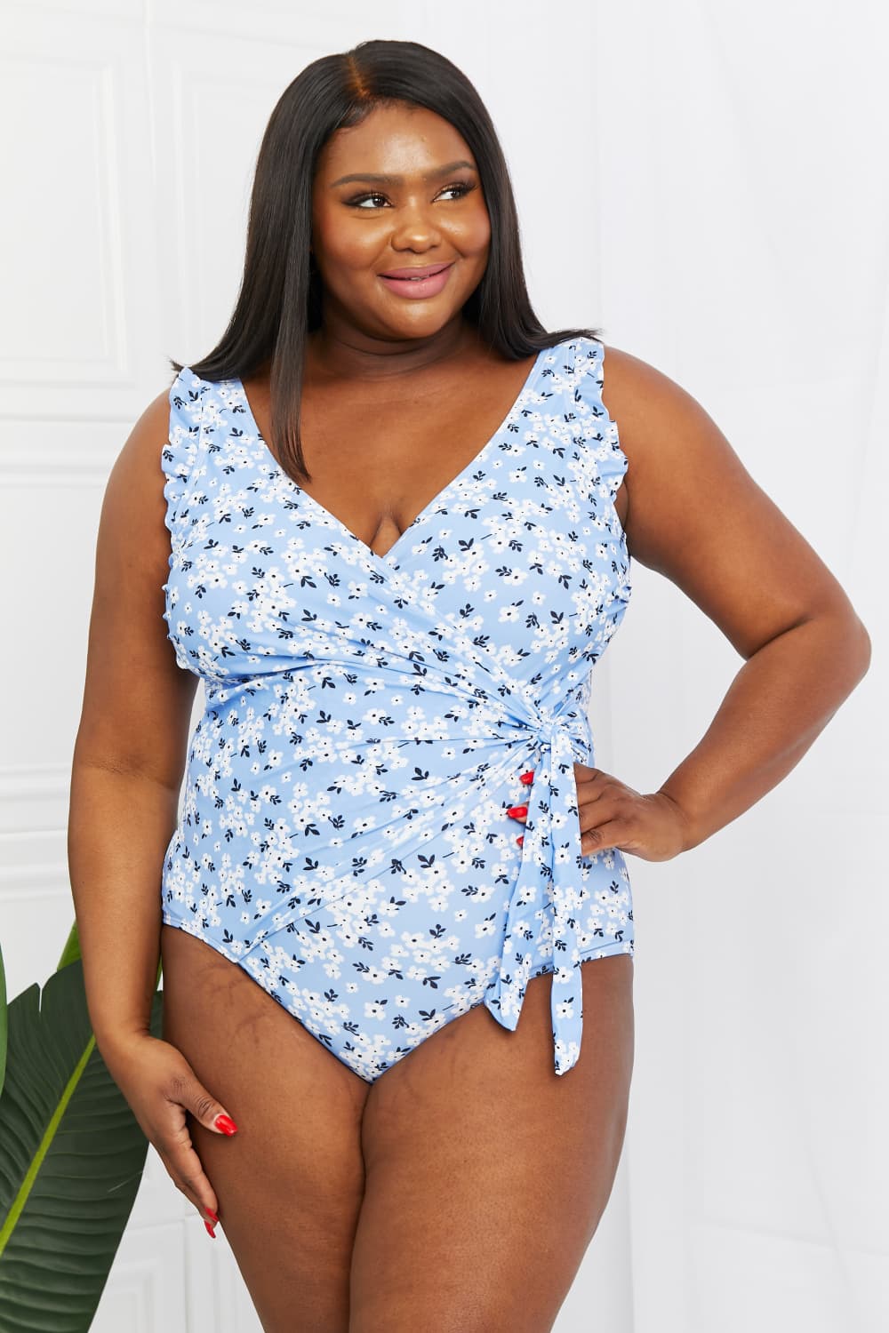 LOVE AT FIRST SIGHT RUFFLE FAUX WRAP ONE-PIECE