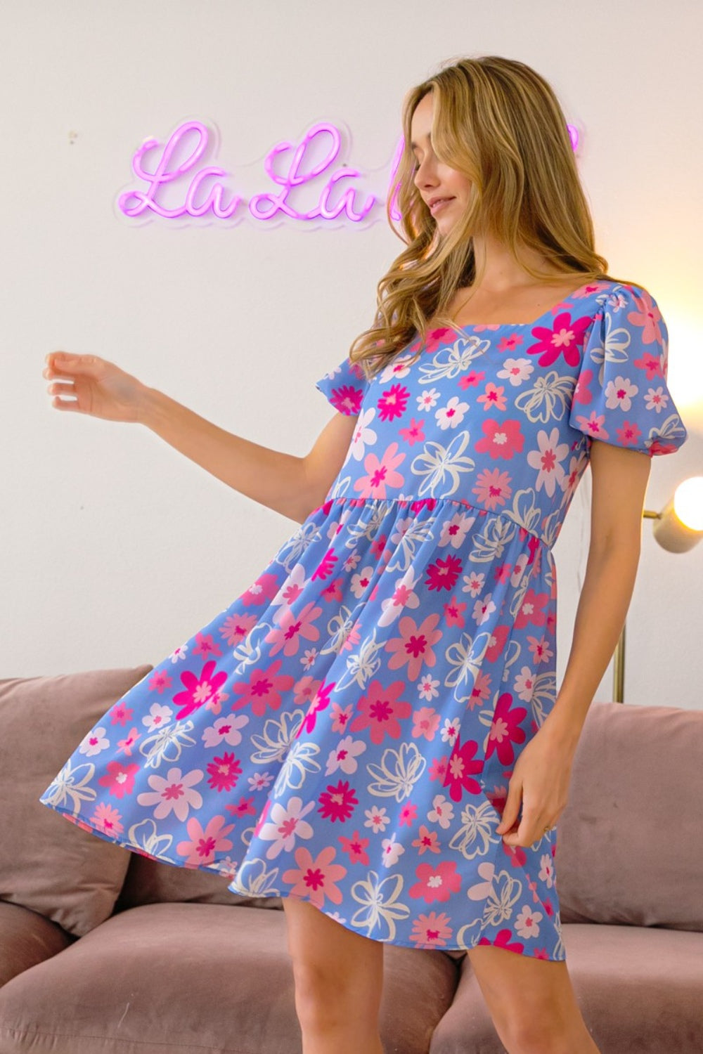 FLOWER GIRLIE PUFF SLEEVE MINI DRESS